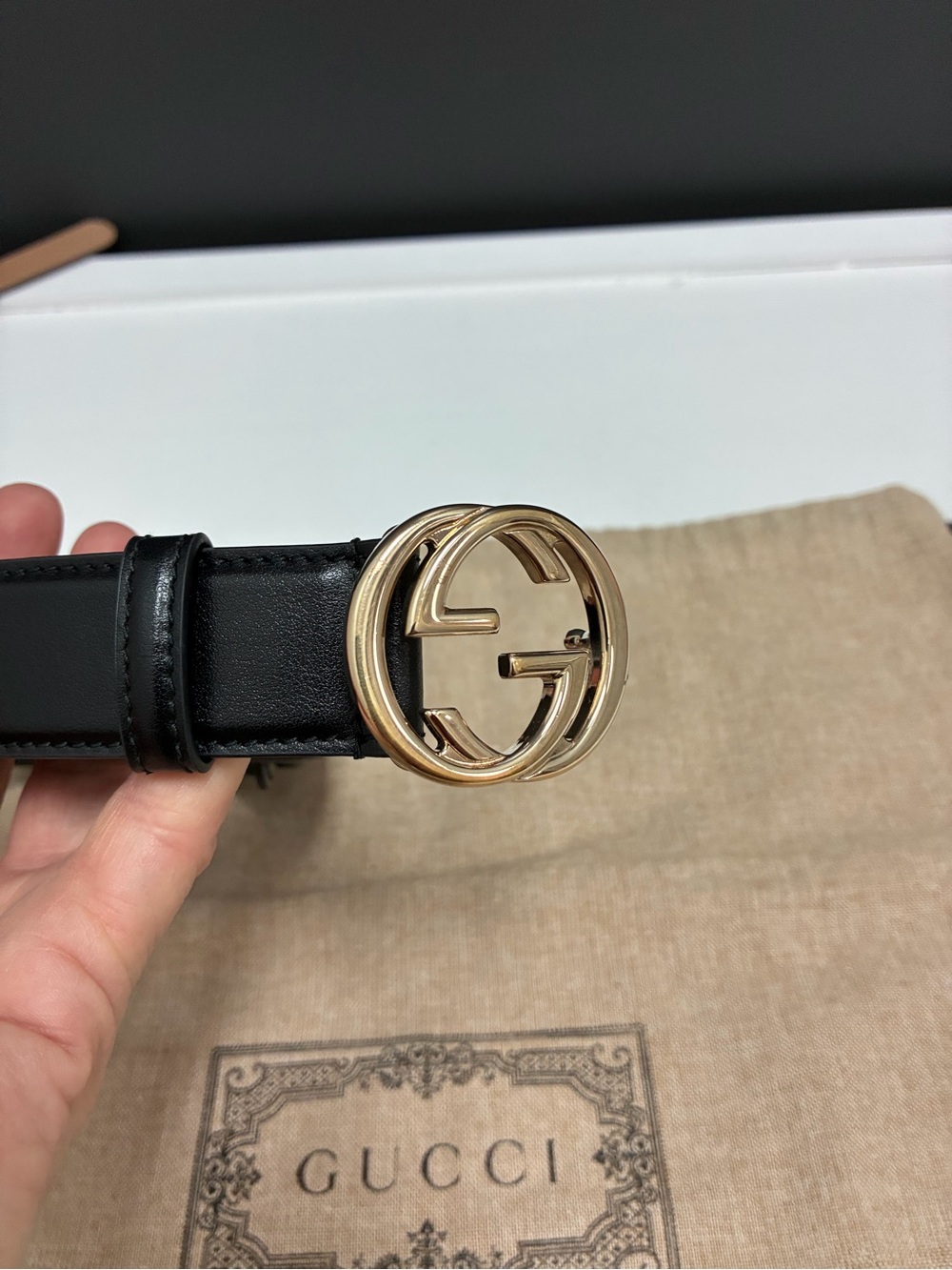 Gucci Black Leather Belt with Gold Double G Buckle - Authentic